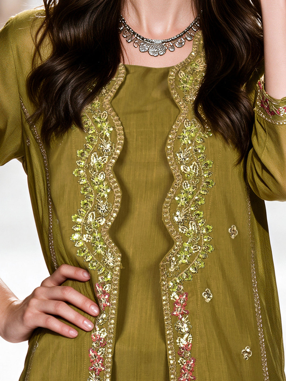 2 Piece Raw Silk Suit- Embroidered (Pret)