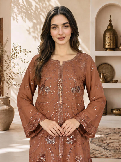 2 Piece Pine Silk Suit- Embroidered (Pret)