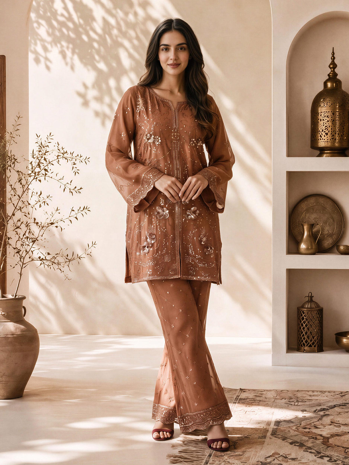 2 Piece Pine Silk Suit- Embroidered (Pret)