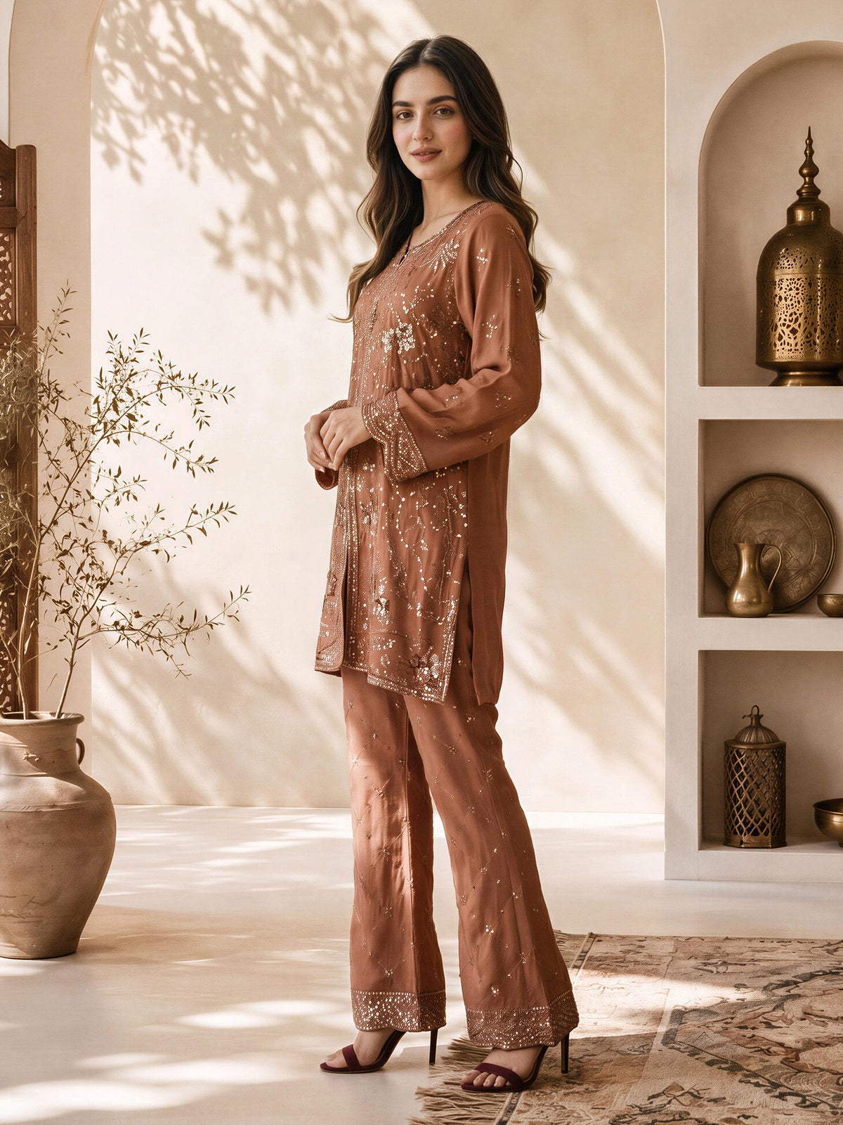 2 Piece Pine Silk Suit- Embroidered (Pret)