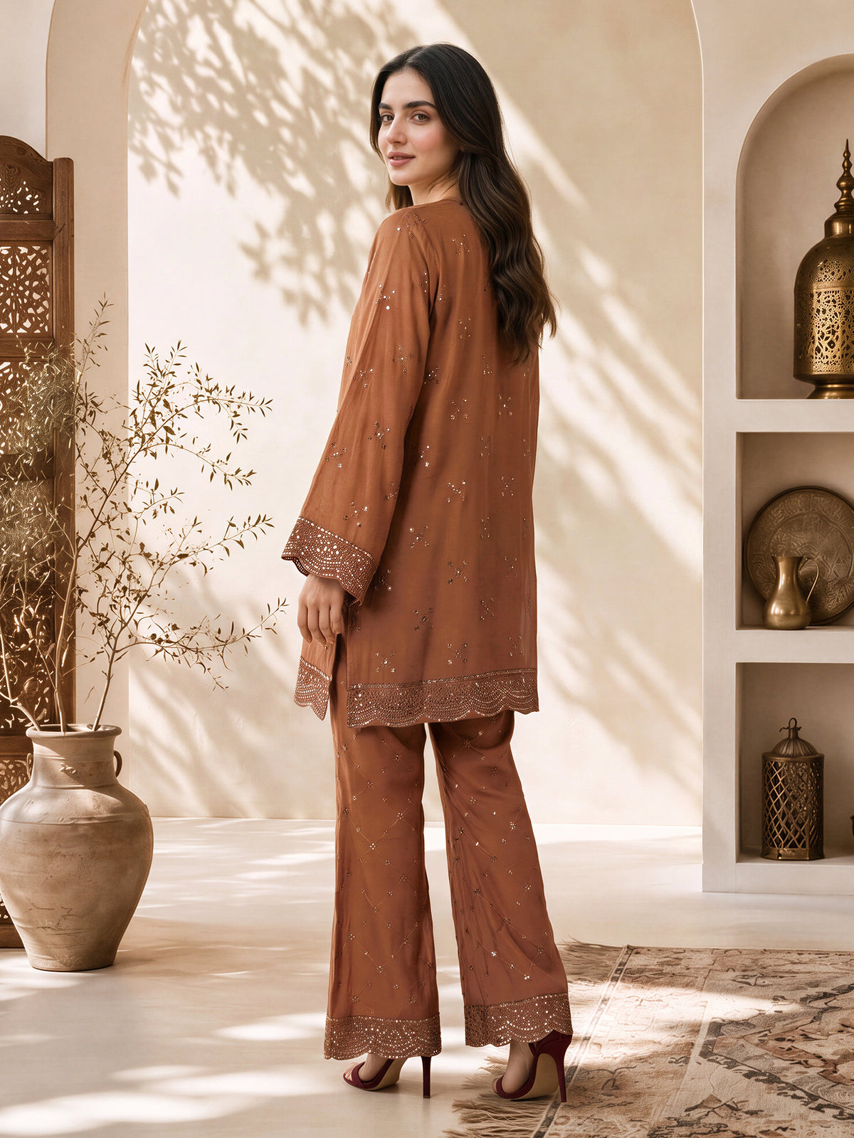 2 Piece Pine Silk Suit- Embroidered (Pret)