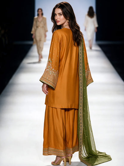 3 Piece Raw Silk Suit- Embroidered (Pret)