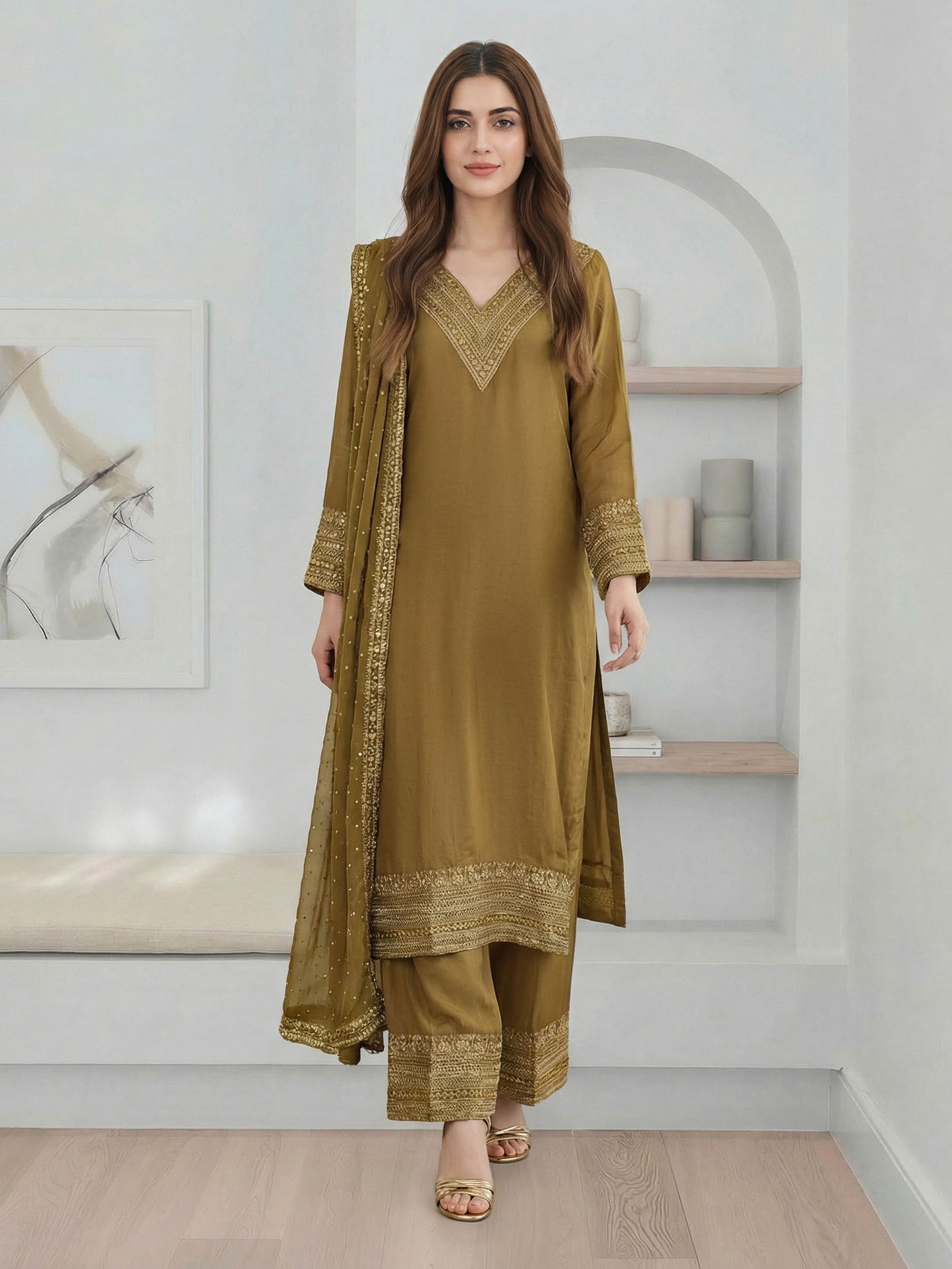 3 Piece Cambric Silk Suit- Embroidered (Pret)