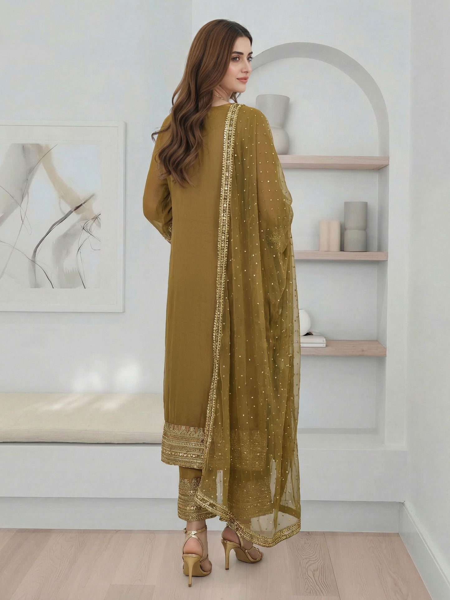 3 Piece Cambric Silk Suit- Embroidered (Pret)