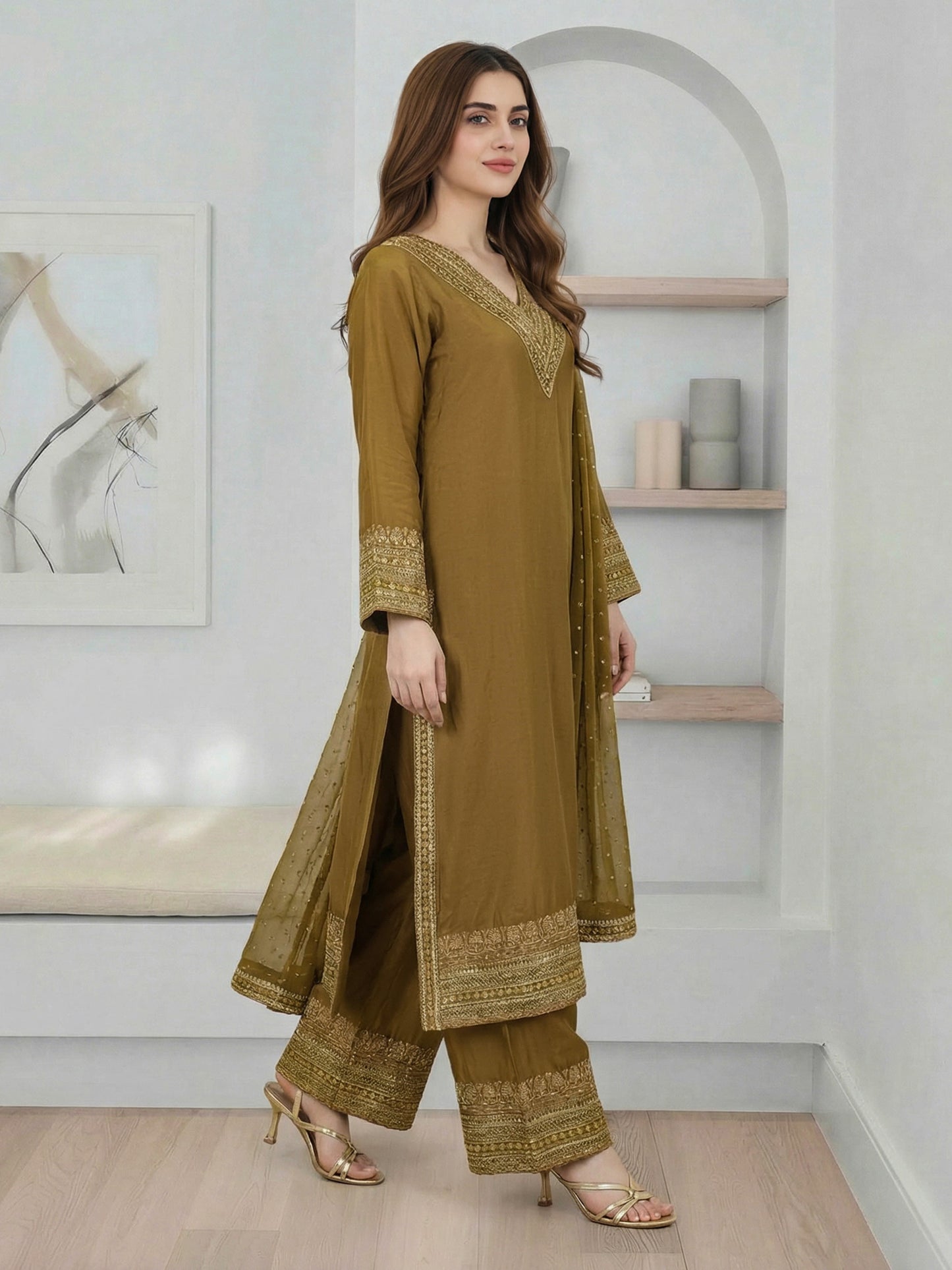 3 Piece Cambric Silk Suit- Embroidered (Pret)