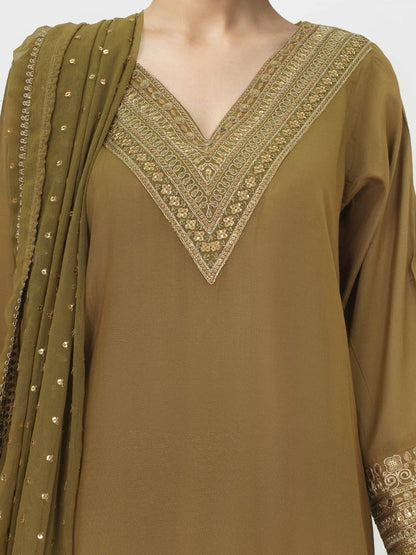 3 Piece Cambric Silk Suit- Embroidered (Pret)