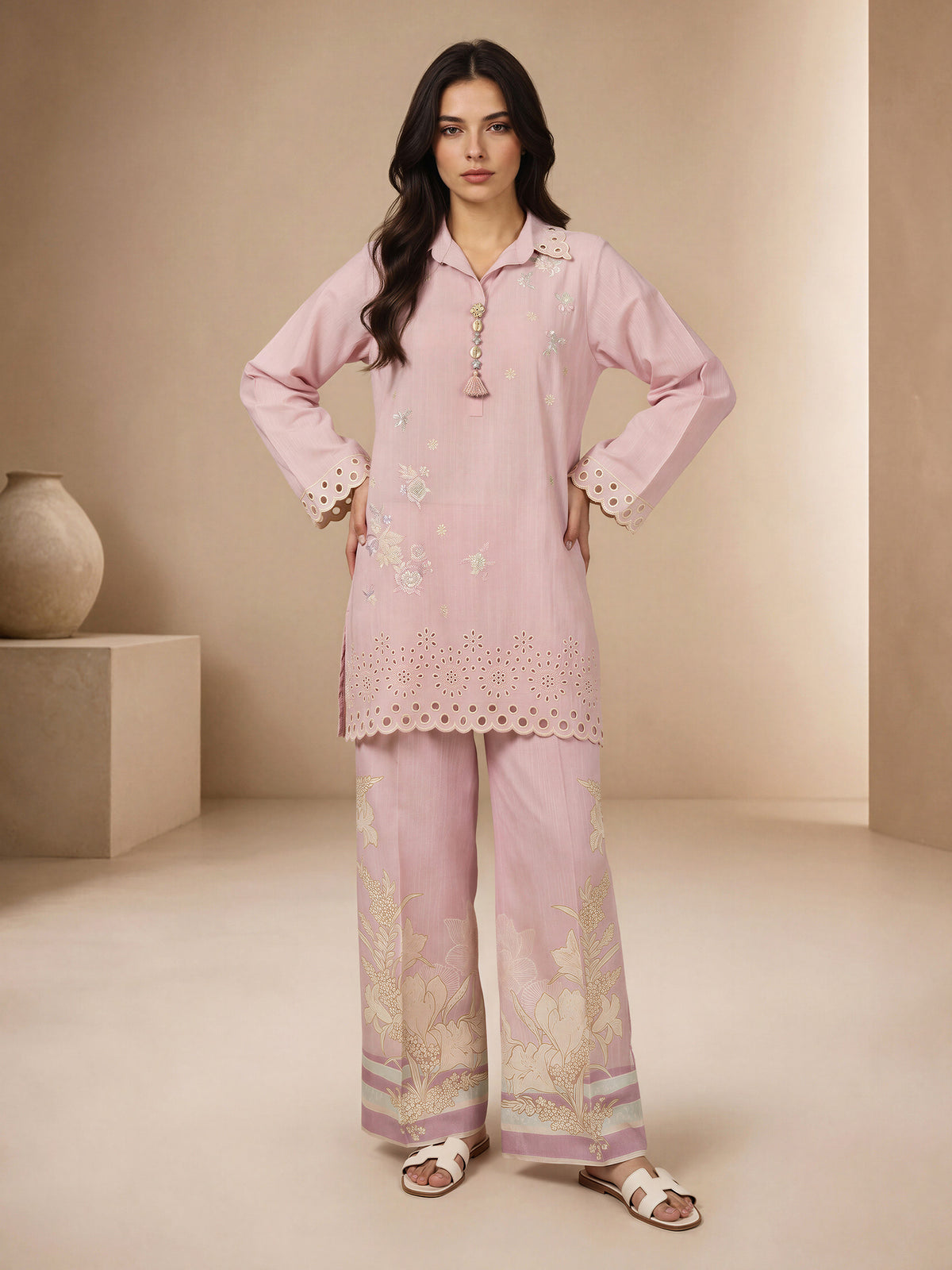 Slub Khaddar Co-ord Set- Embroidered