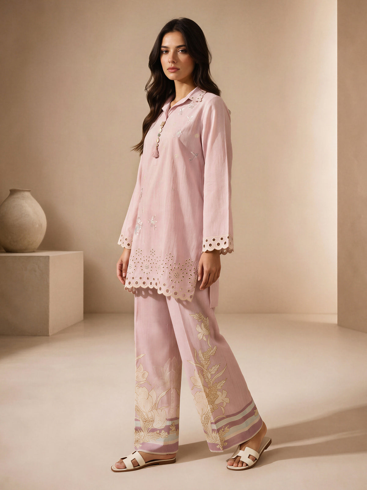 Slub Khaddar Co-ord Set- Embroidered