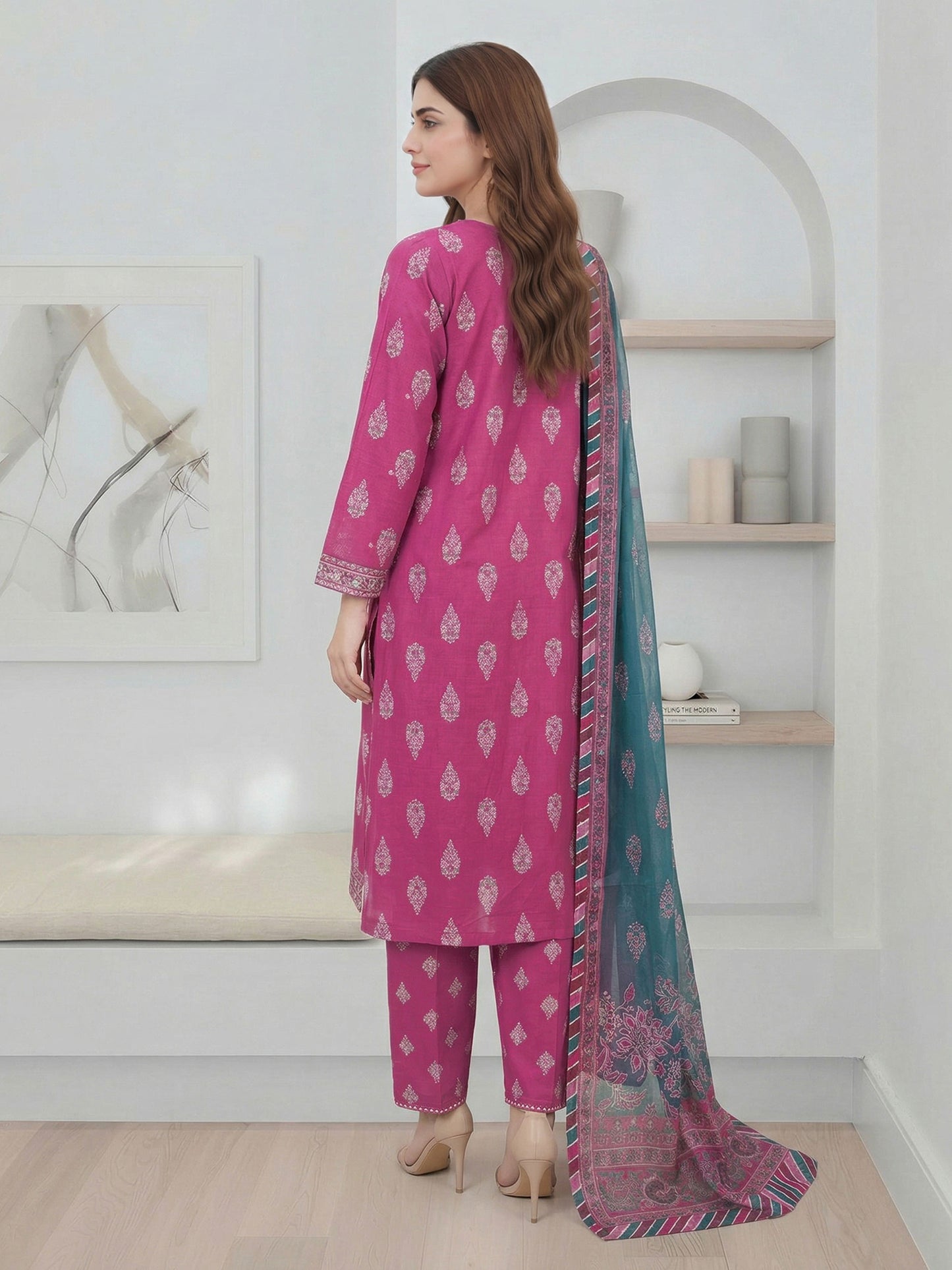 3 Piece Satin Suit- Embroidered (Pret)
