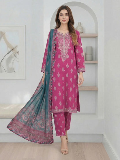 3 Piece Satin Suit- Embroidered (Pret)