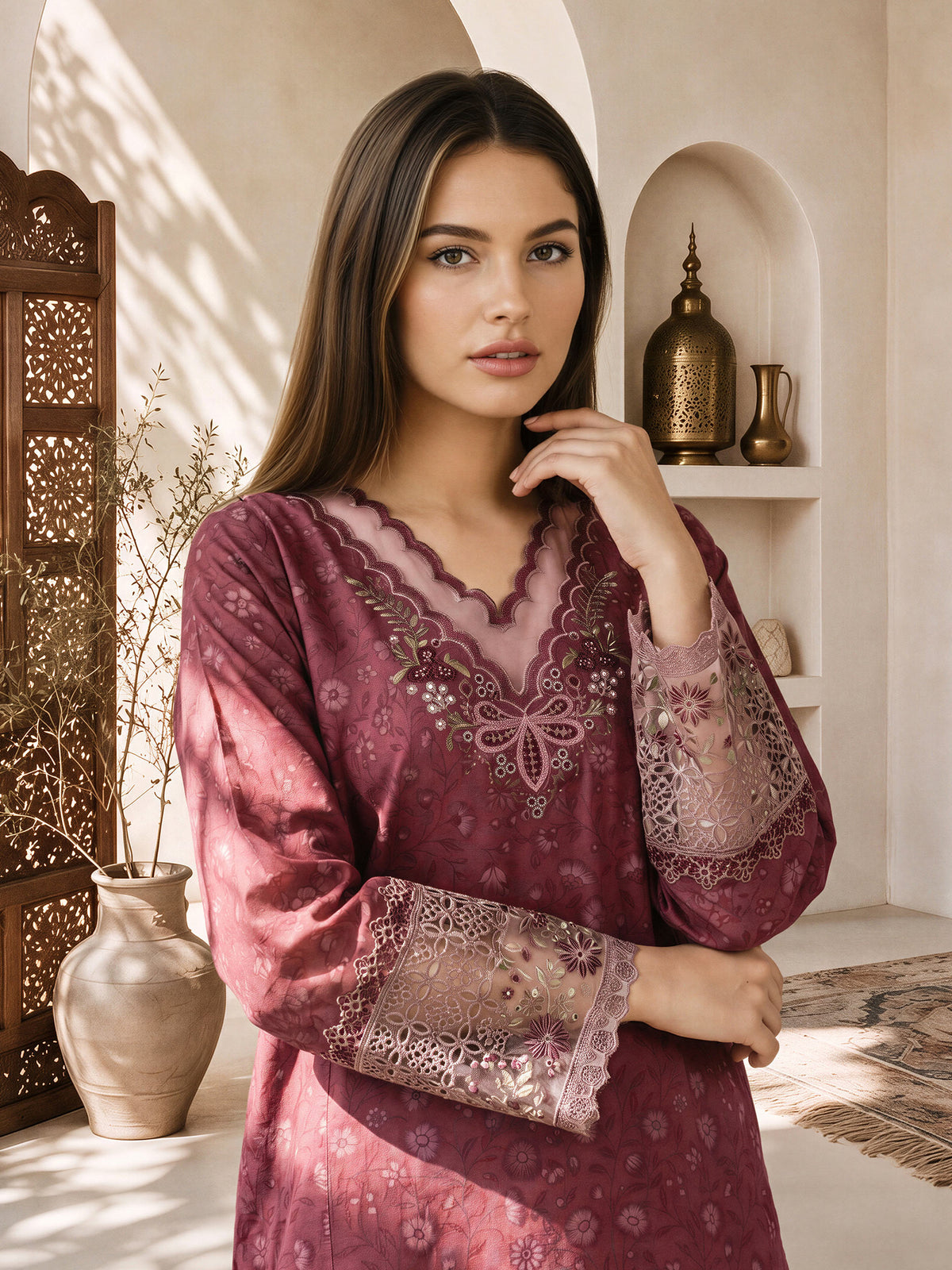 3 Piece Slub Khaddar Suit- Embroidered (Pret)