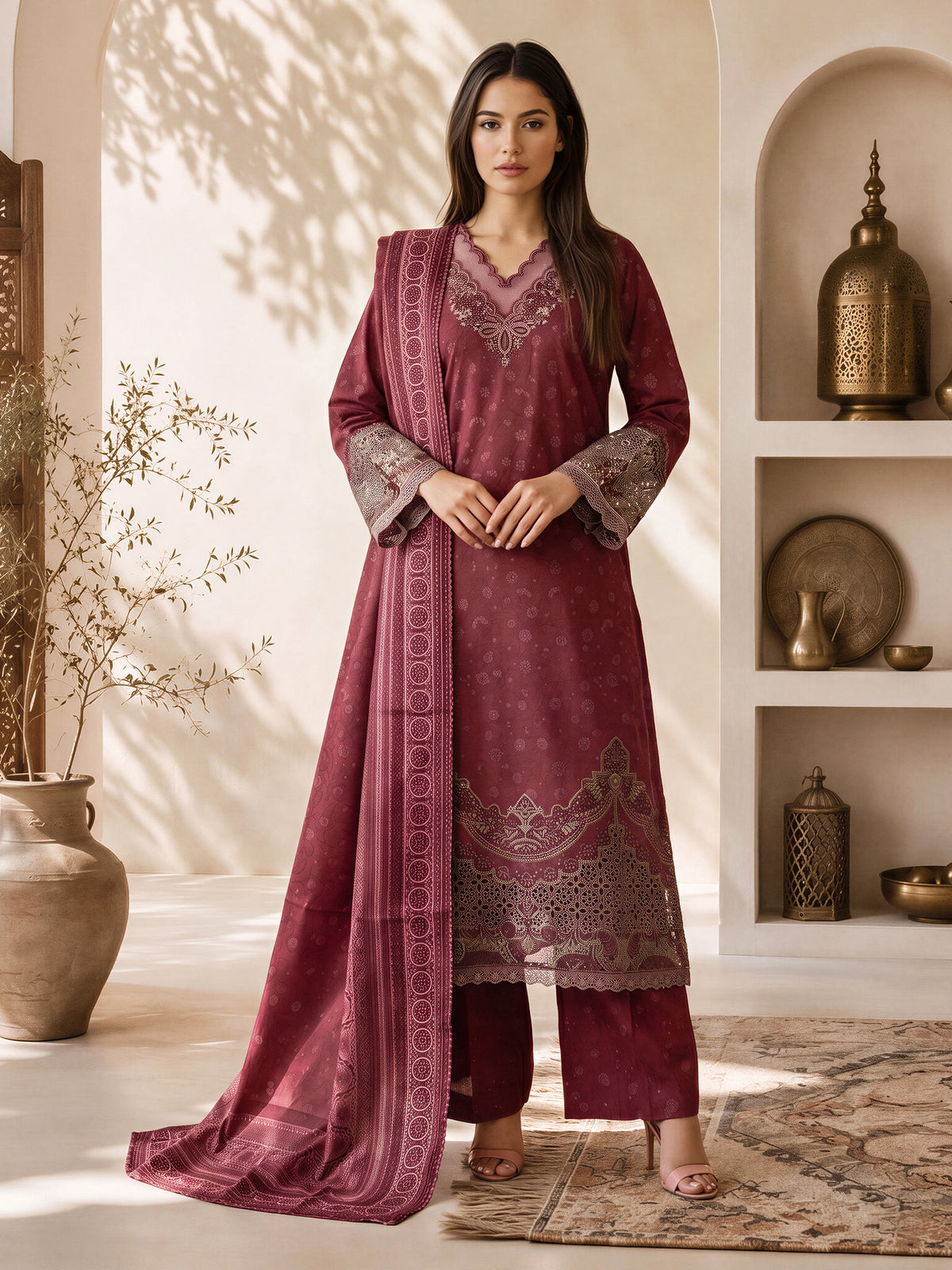 3 Piece Slub Khaddar Suit- Embroidered (Pret)