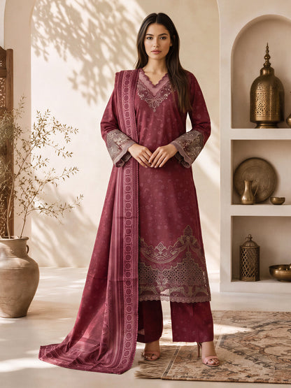 3 Piece Slub Khaddar Suit- Embroidered (Pret)