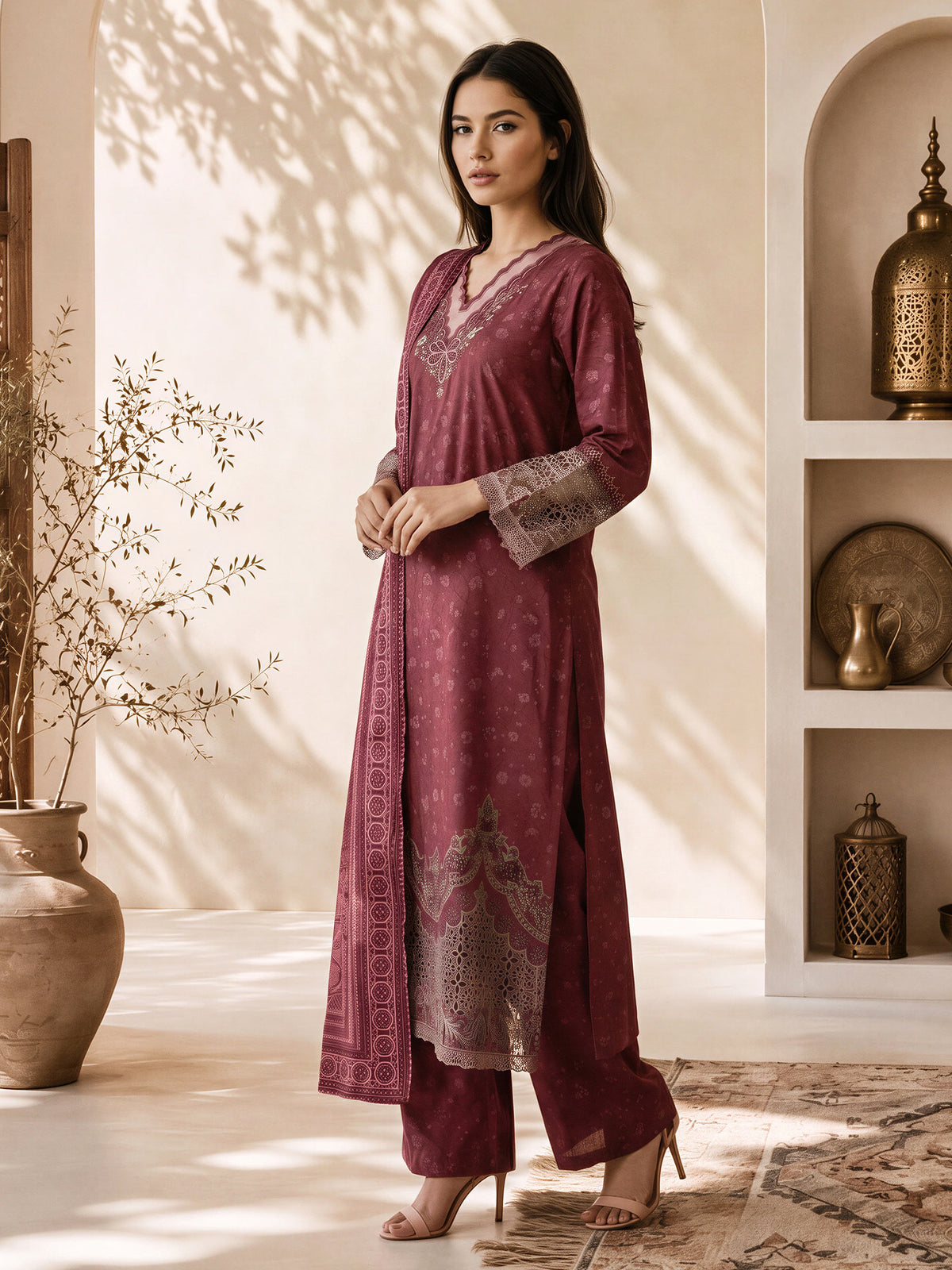 3 Piece Slub Khaddar Suit- Embroidered (Pret)