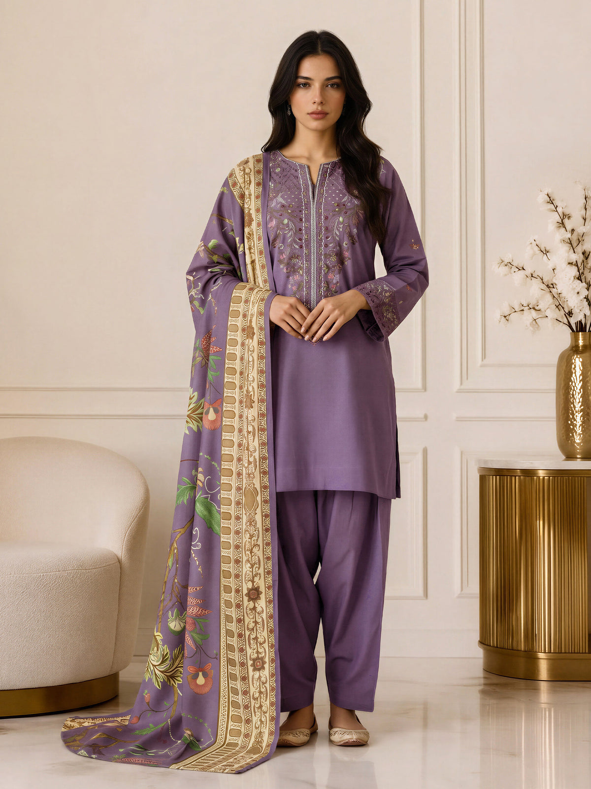 3 Piece Slub Khaddar Suit- Embroidered (Pret)