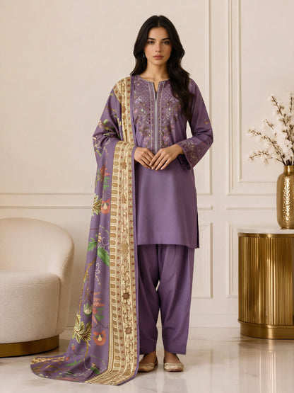 3 Piece Slub Khaddar Suit- Embroidered (Pret)