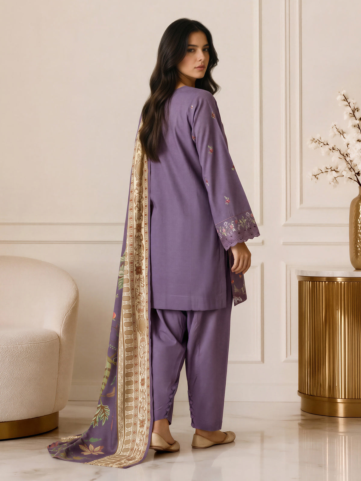 3 Piece Slub Khaddar Suit- Embroidered (Pret)