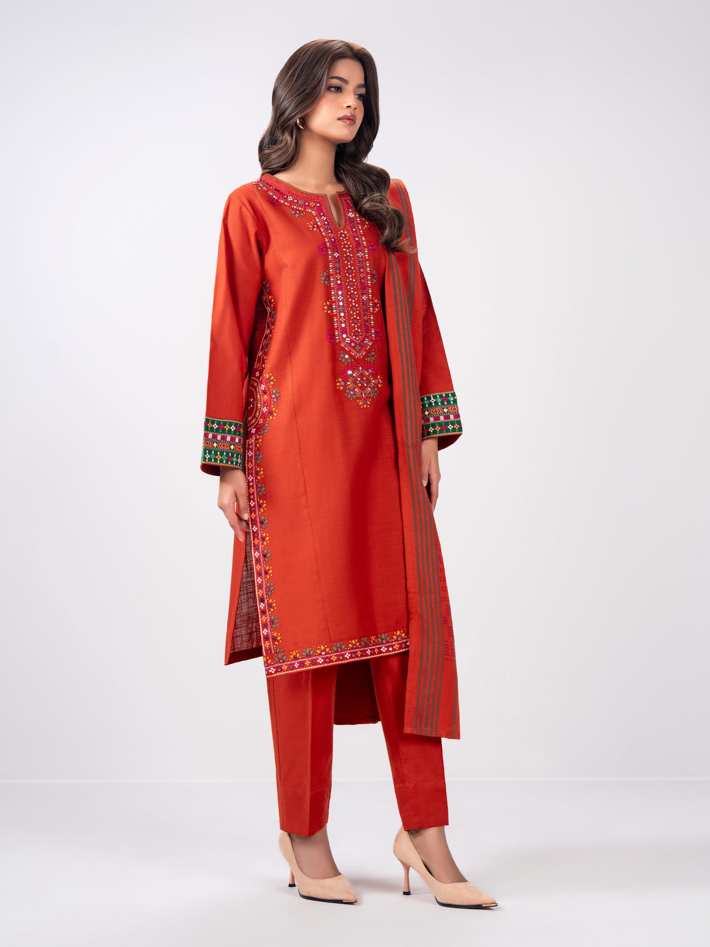 3 Piece Slub Khaddar Suit- Embroidered (Pret)