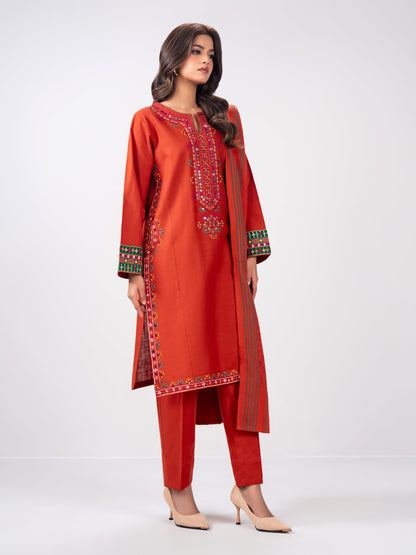 3 Piece Slub Khaddar Suit- Embroidered (Pret)
