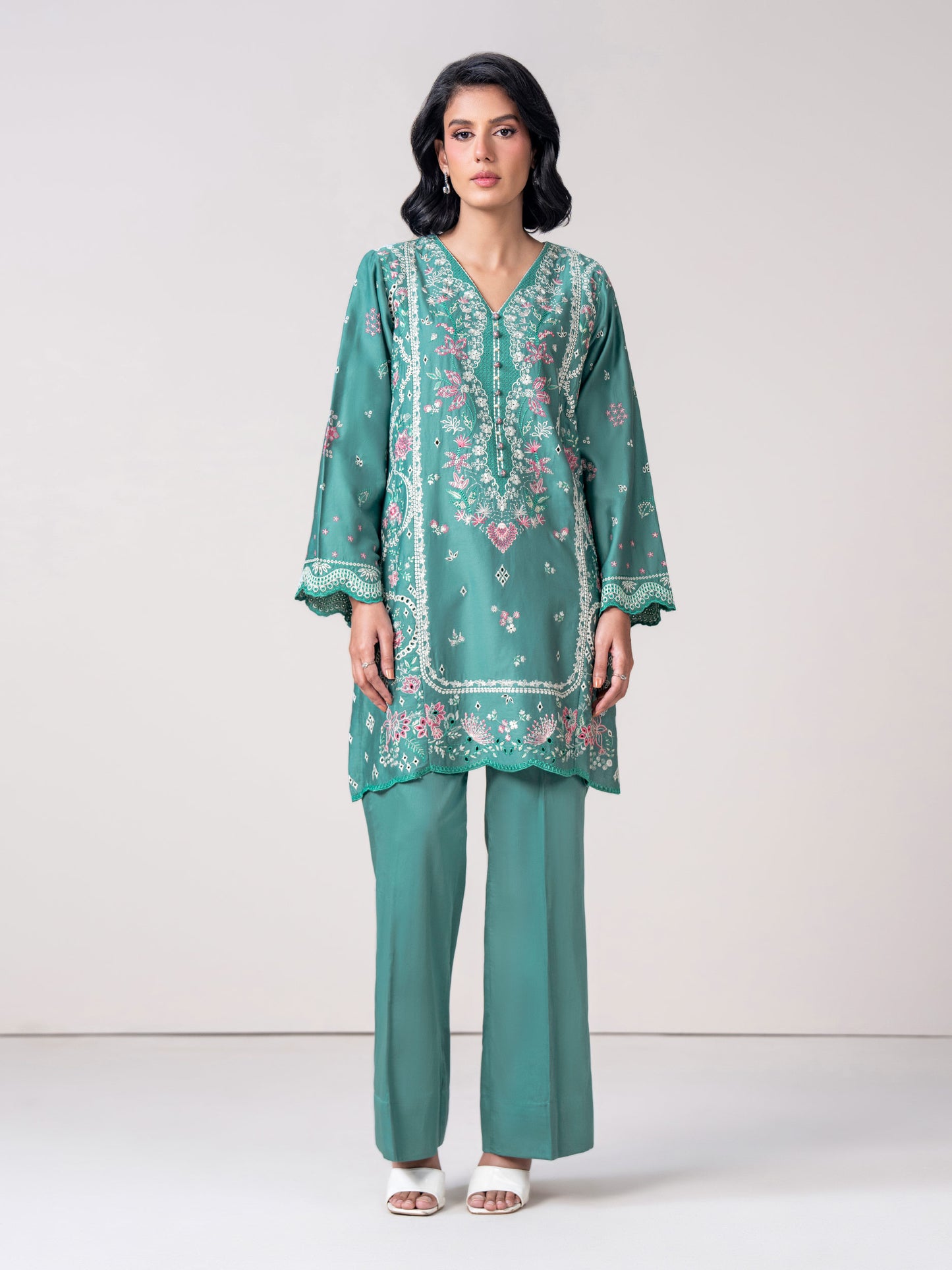 2 Piece Satin Suit- Embroidered (Pret)