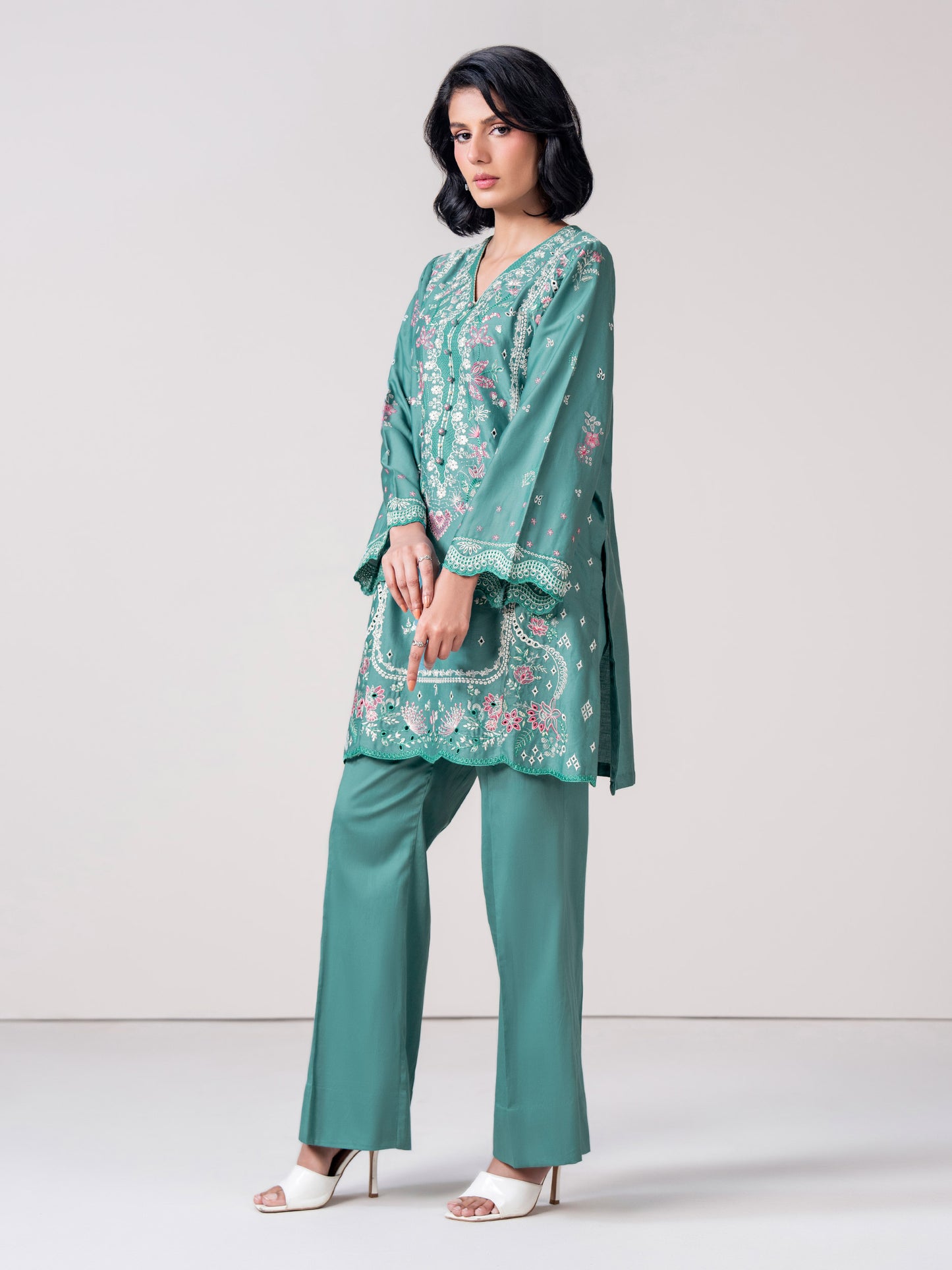 2 Piece Satin Suit- Embroidered (Pret)