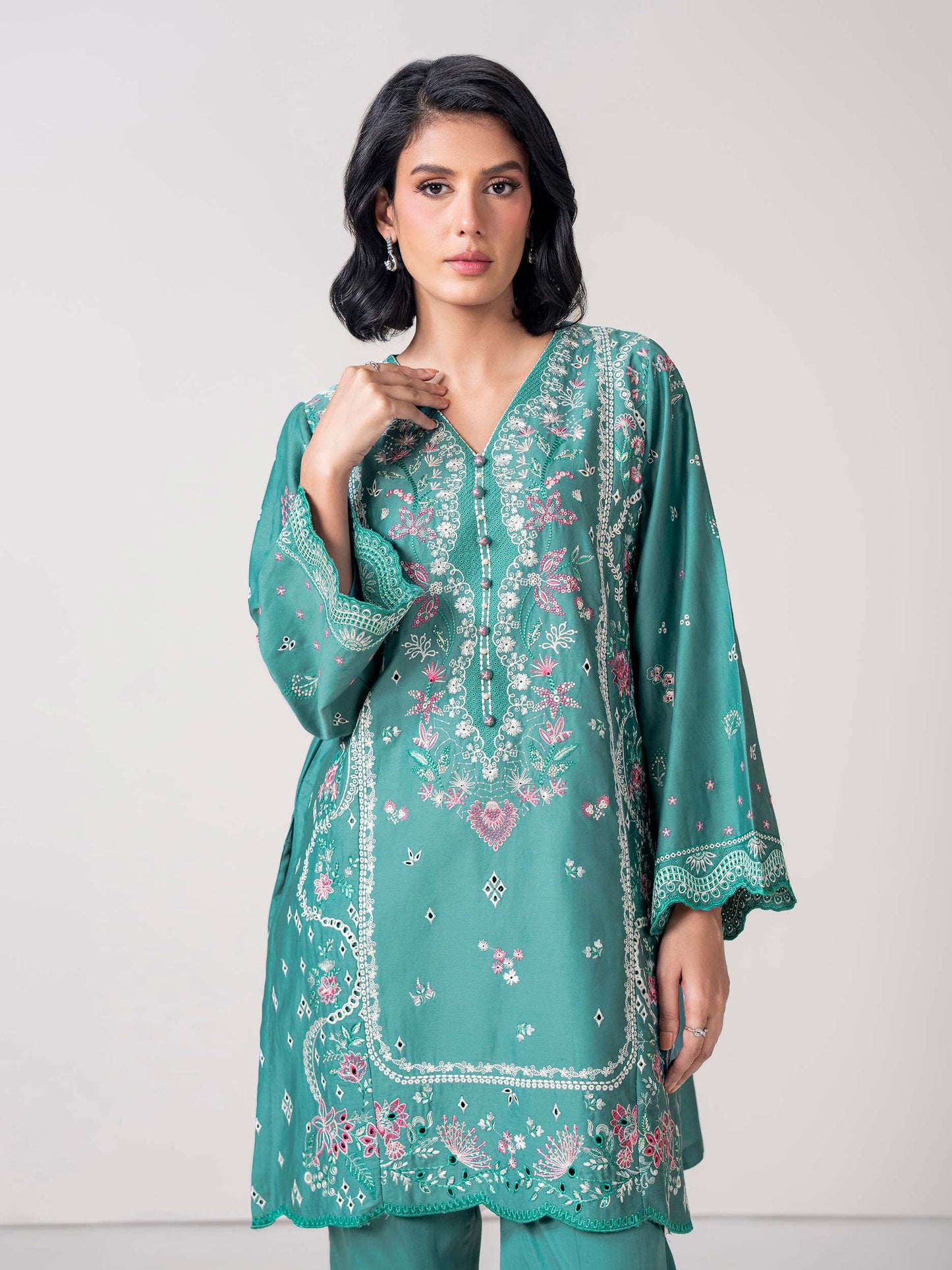 2 Piece Satin Suit- Embroidered (Pret)