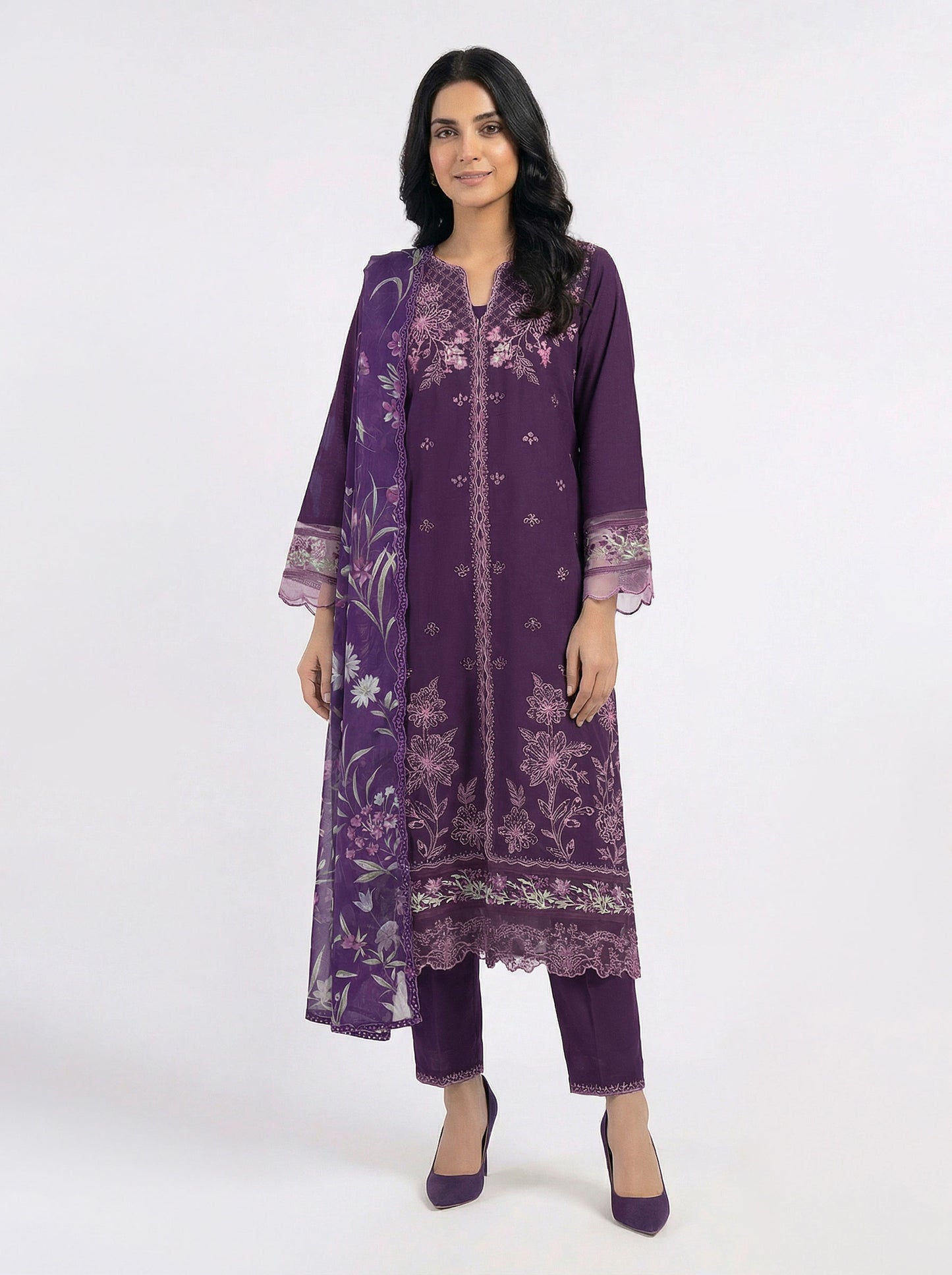 3 Piece Satin Suit- Embroidered (Pret)