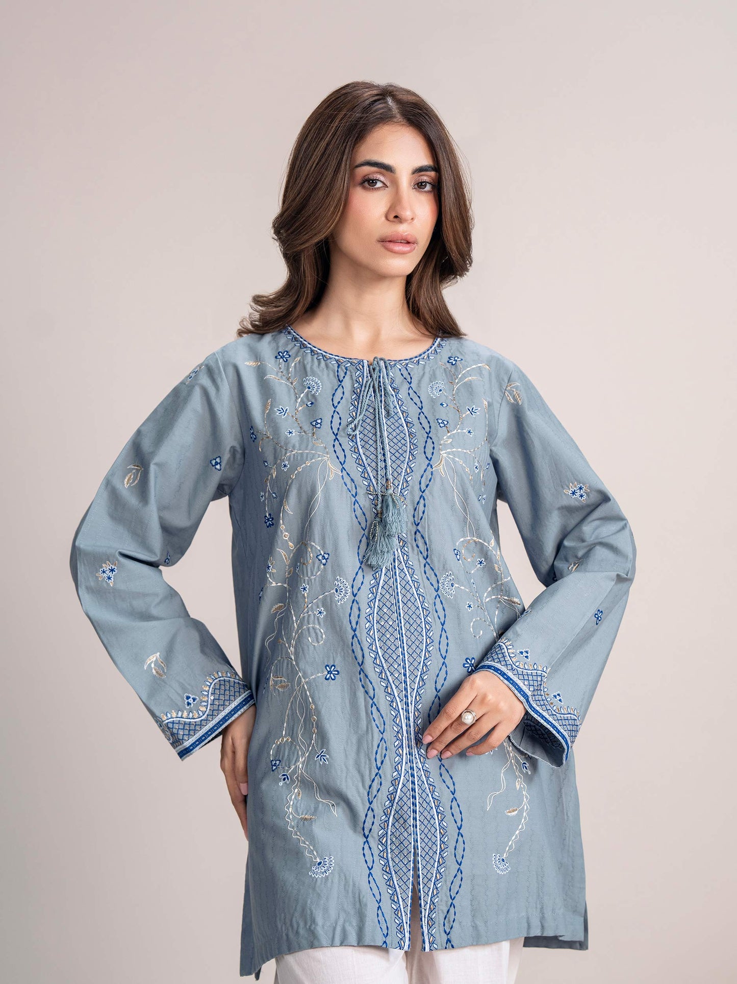 Dobby Jacquard Kurti- Embroidered (Pret)