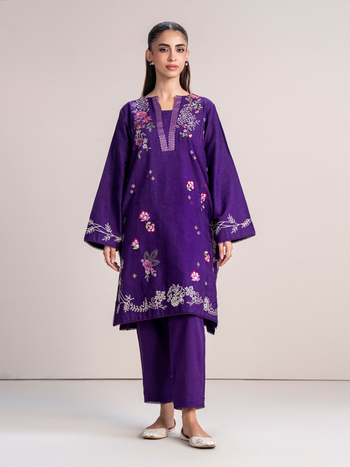 2 Piece Self Jacquard Suit- Embroidered (Pret)