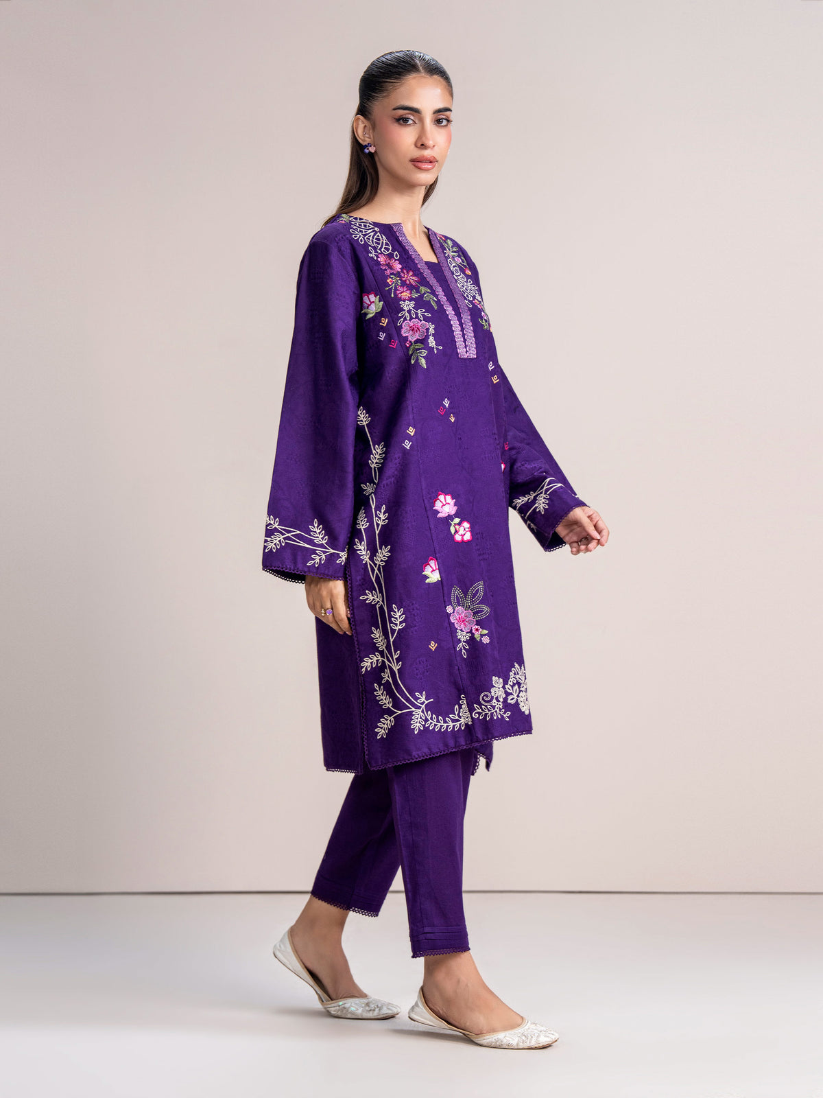 2 Piece Self Jacquard Suit- Embroidered (Pret)