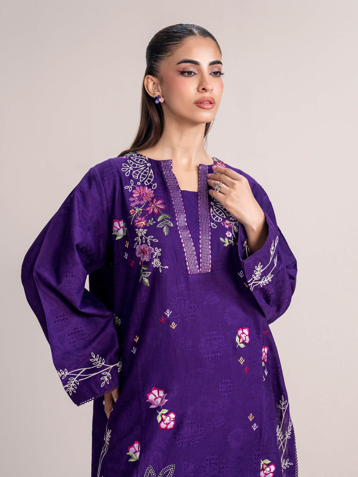 2 Piece Self Jacquard Suit- Embroidered (Pret)