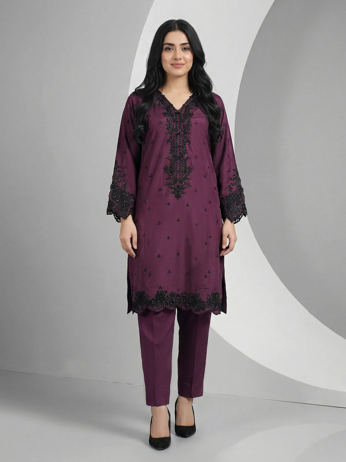 2 Piece Raw Silk Suit- Embroidered (Pret)