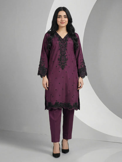 2 Piece Raw Silk Suit- Embroidered (Pret)