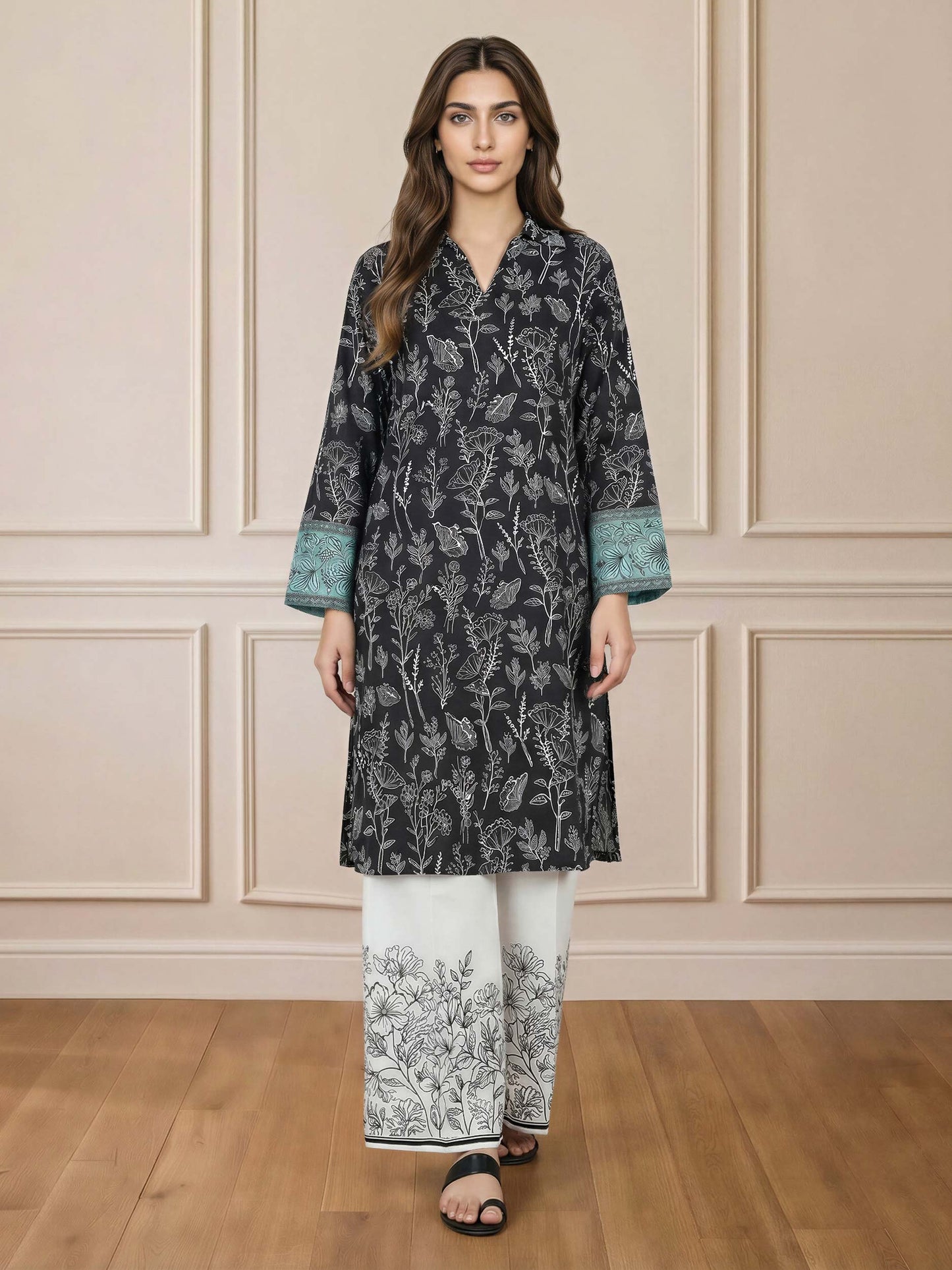 2 Piece Viscose Slub Suit- Embroidered (Pret)