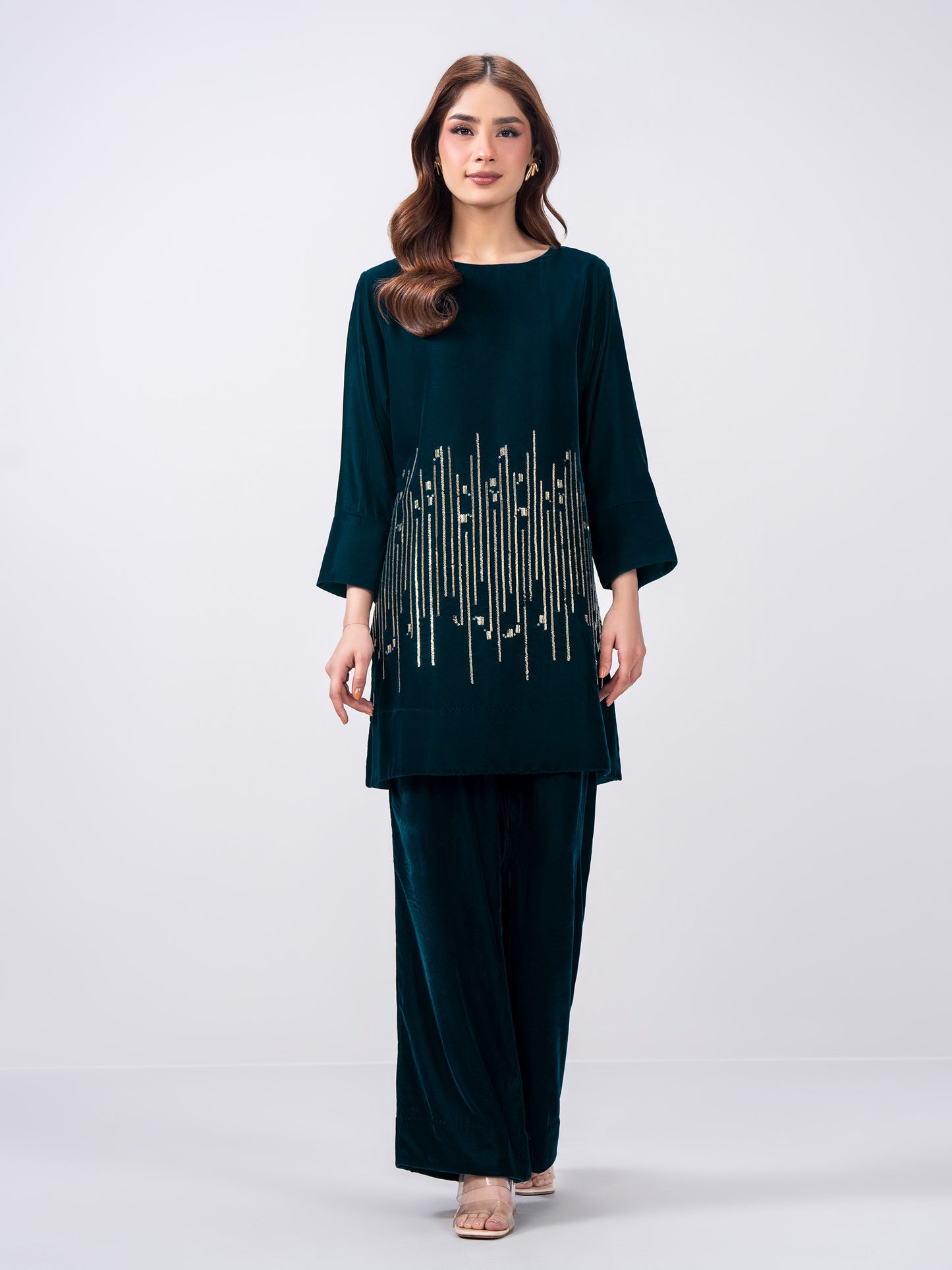 2 Piece Velvet Suit- Embroidered (Pret)