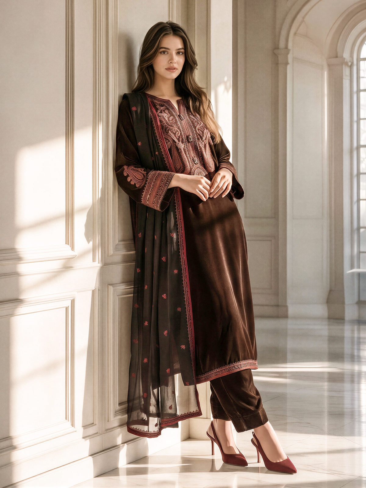 3 Piece Velvet Suit- Embroidered (Pret)