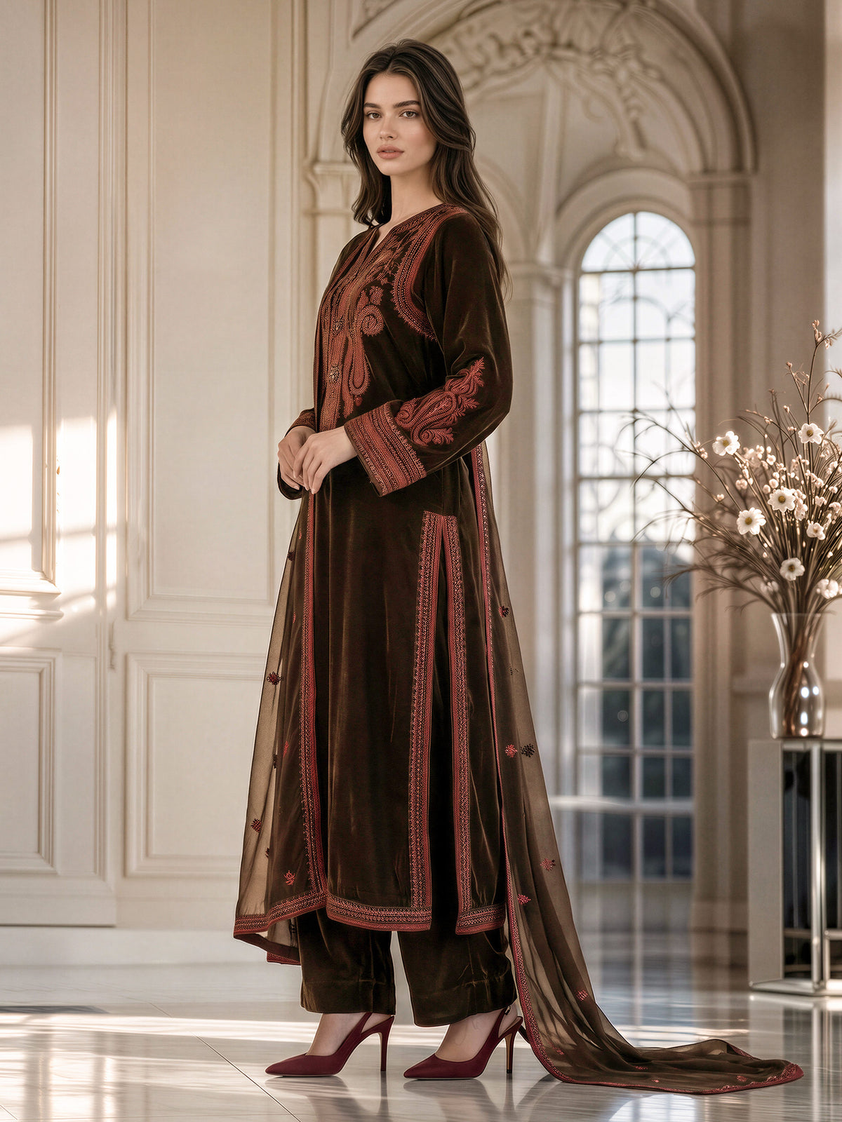 3 Piece Velvet Suit- Embroidered (Pret)