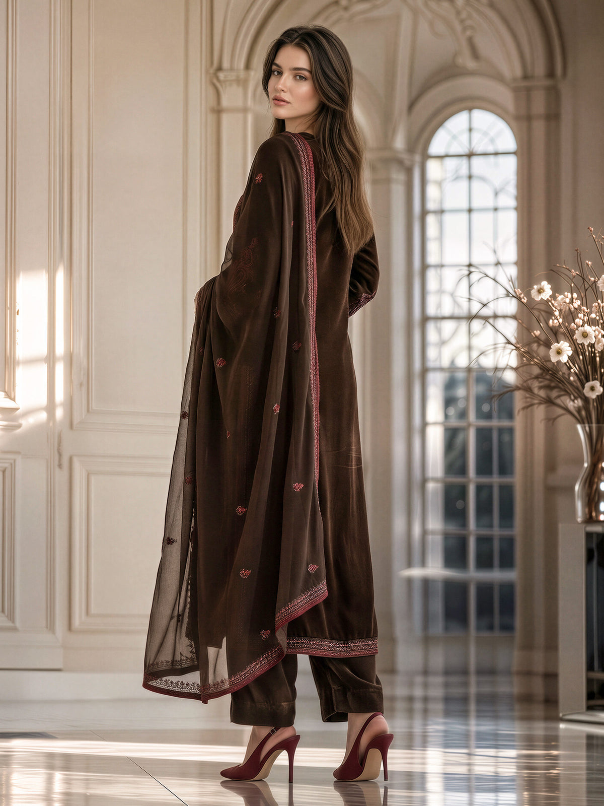 3 Piece Velvet Suit- Embroidered (Pret)