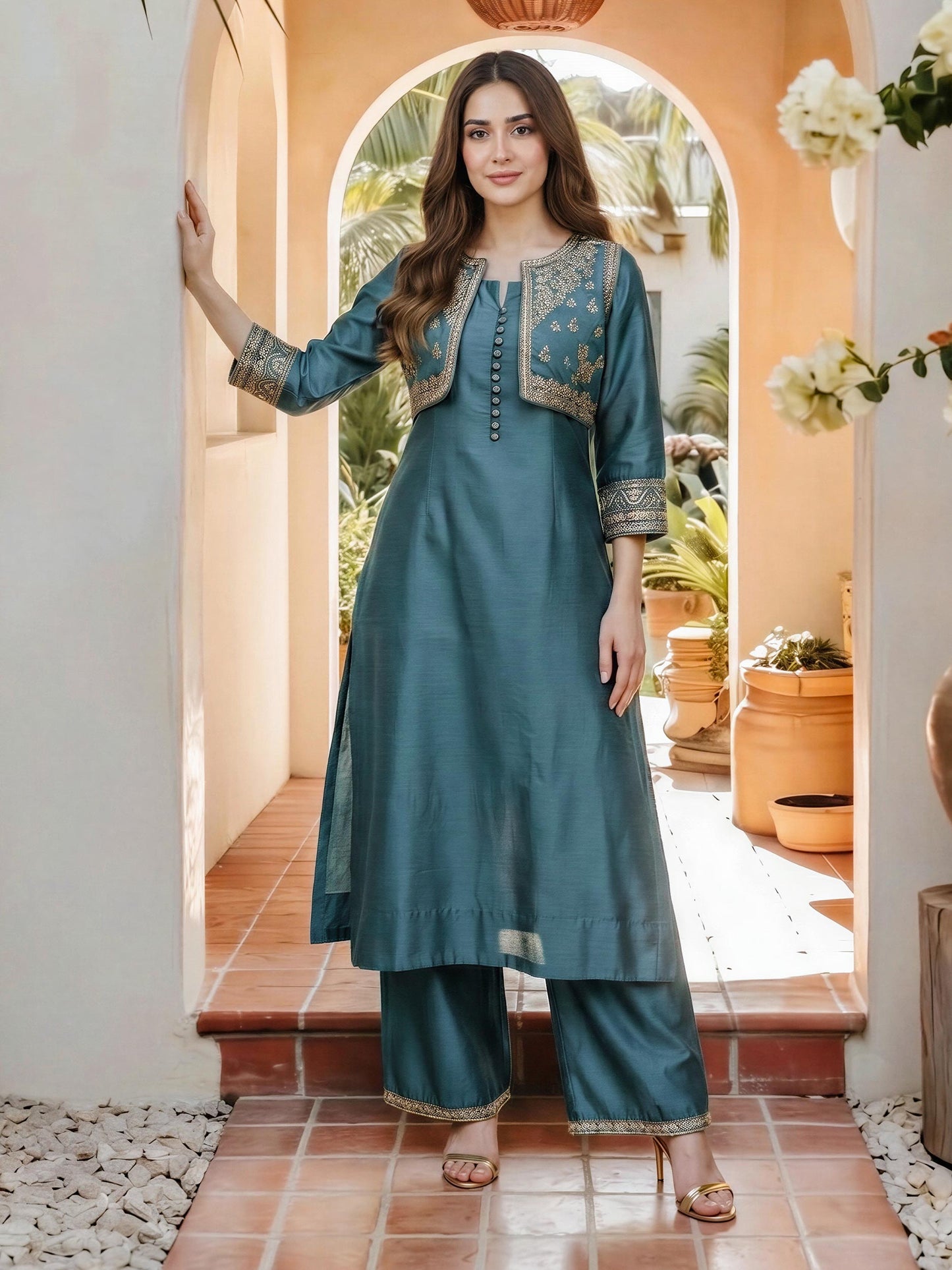 2 Piece Raw Silk Suit- Embroidered (Pret)