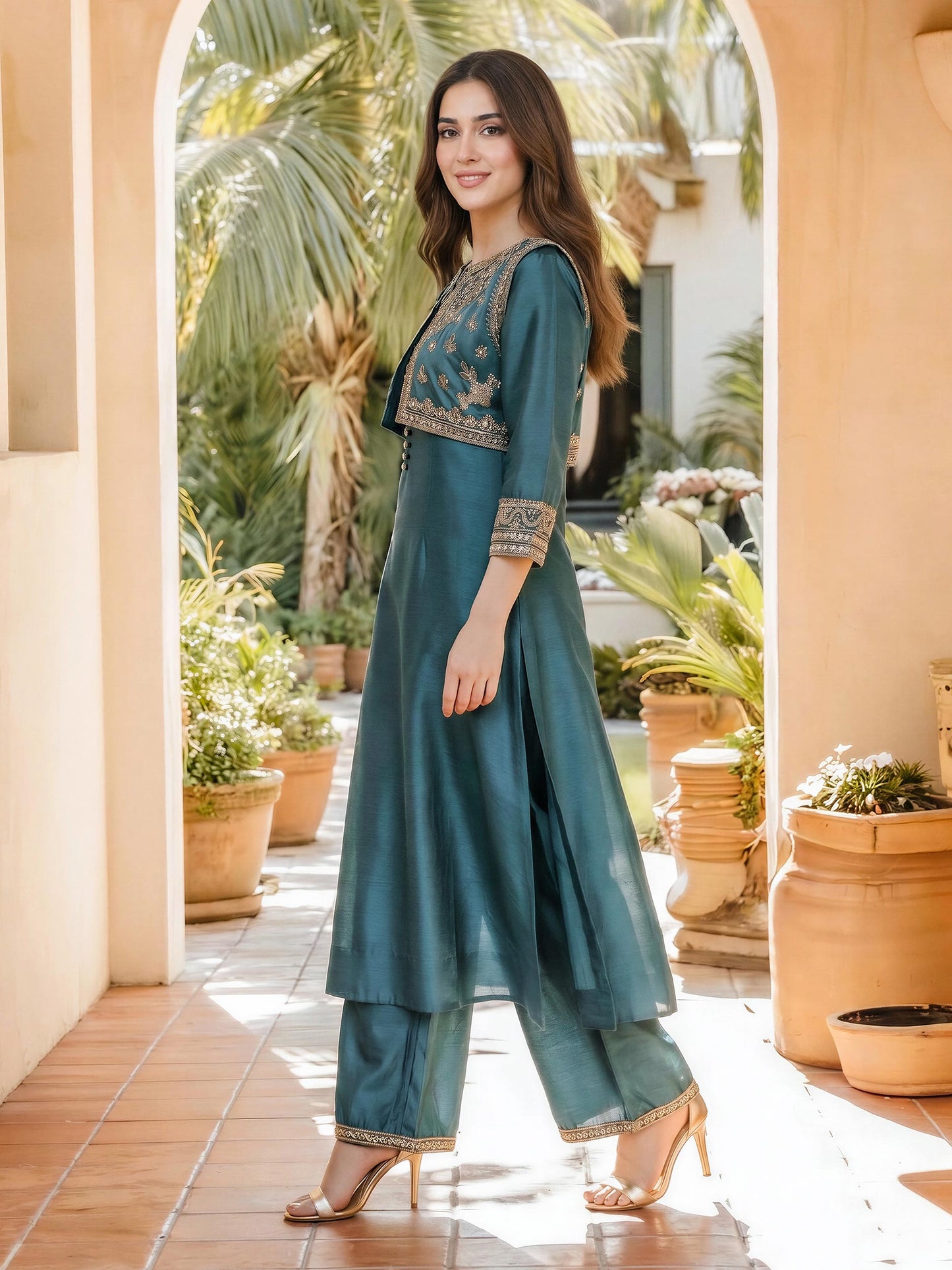 2 Piece Raw Silk Suit- Embroidered (Pret)