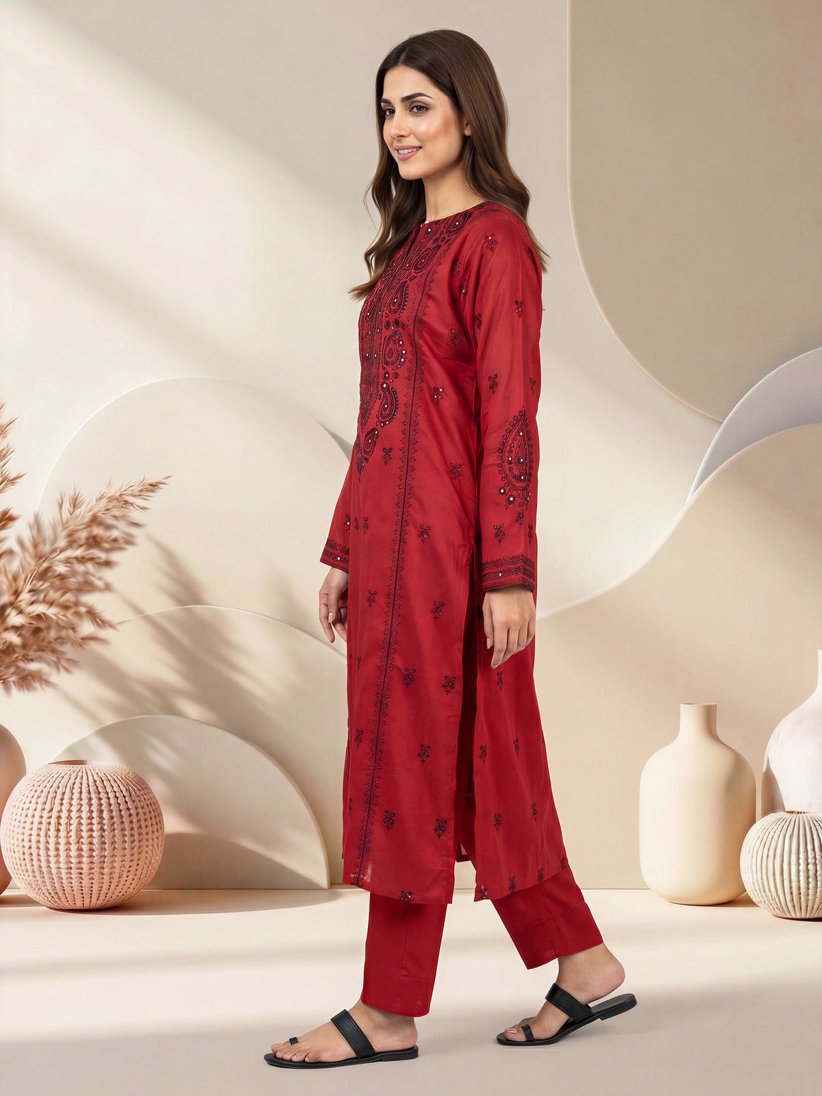 2 Piece Raw Silk Suit- Embroidered (Pret)
