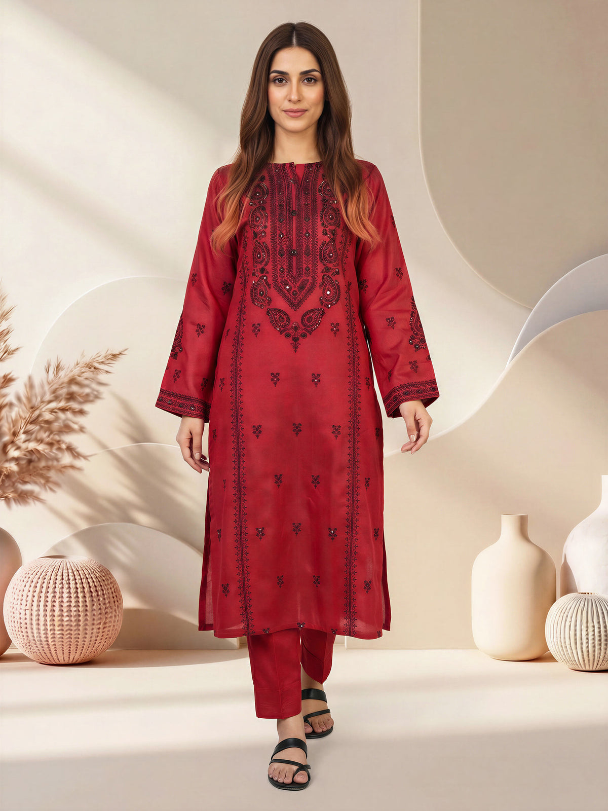 2 Piece Raw Silk Suit- Embroidered (Pret)