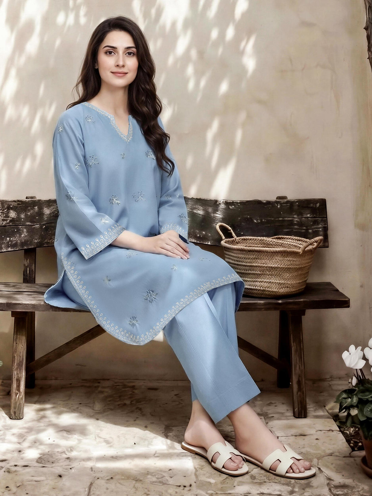 2 Piece Denim Suit- Embroidered (Pret)