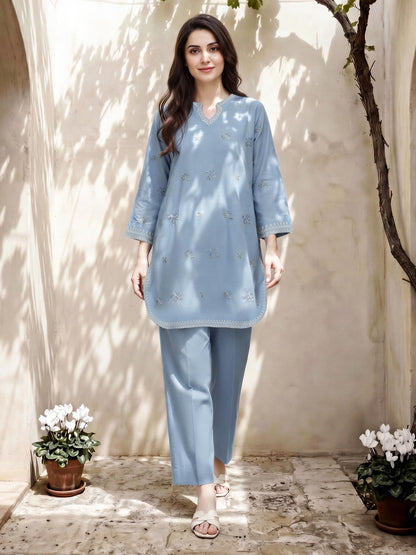 2 Piece Denim Suit- Embroidered (Pret)