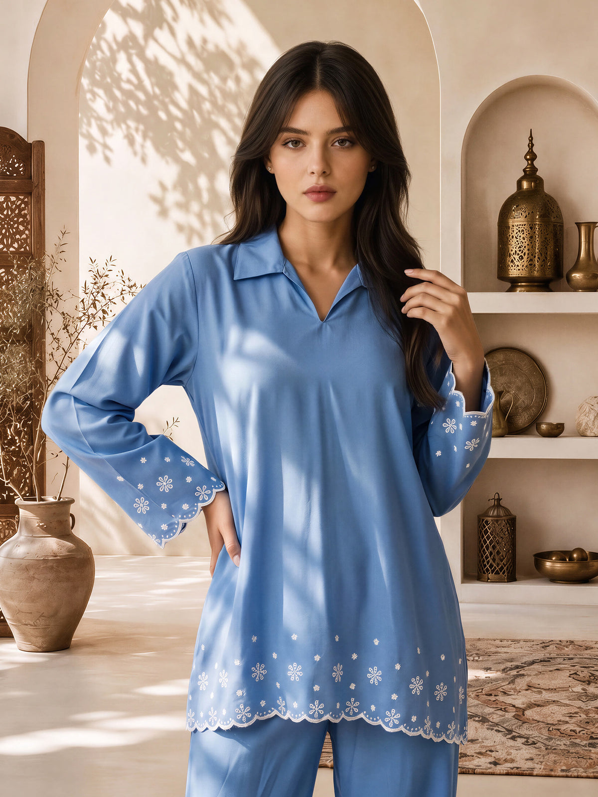 Chambray Co-ord Set- Embroidered