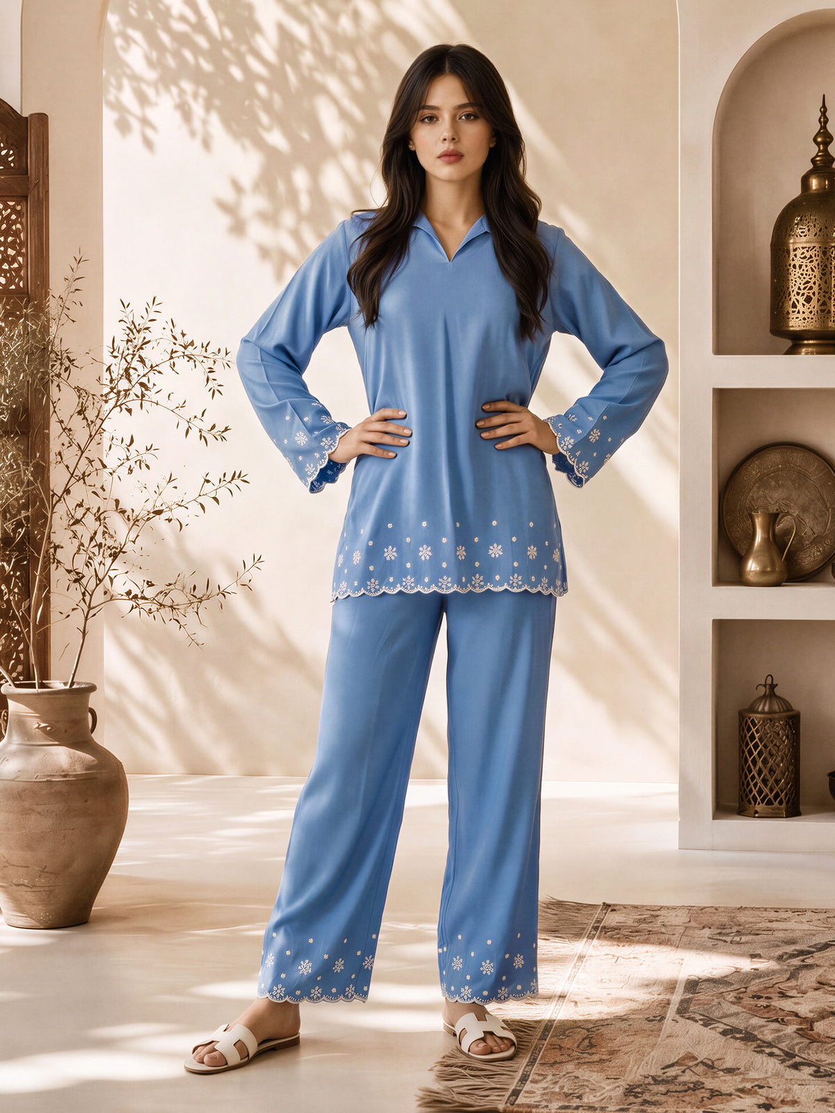 Chambray Co-ord Set- Embroidered