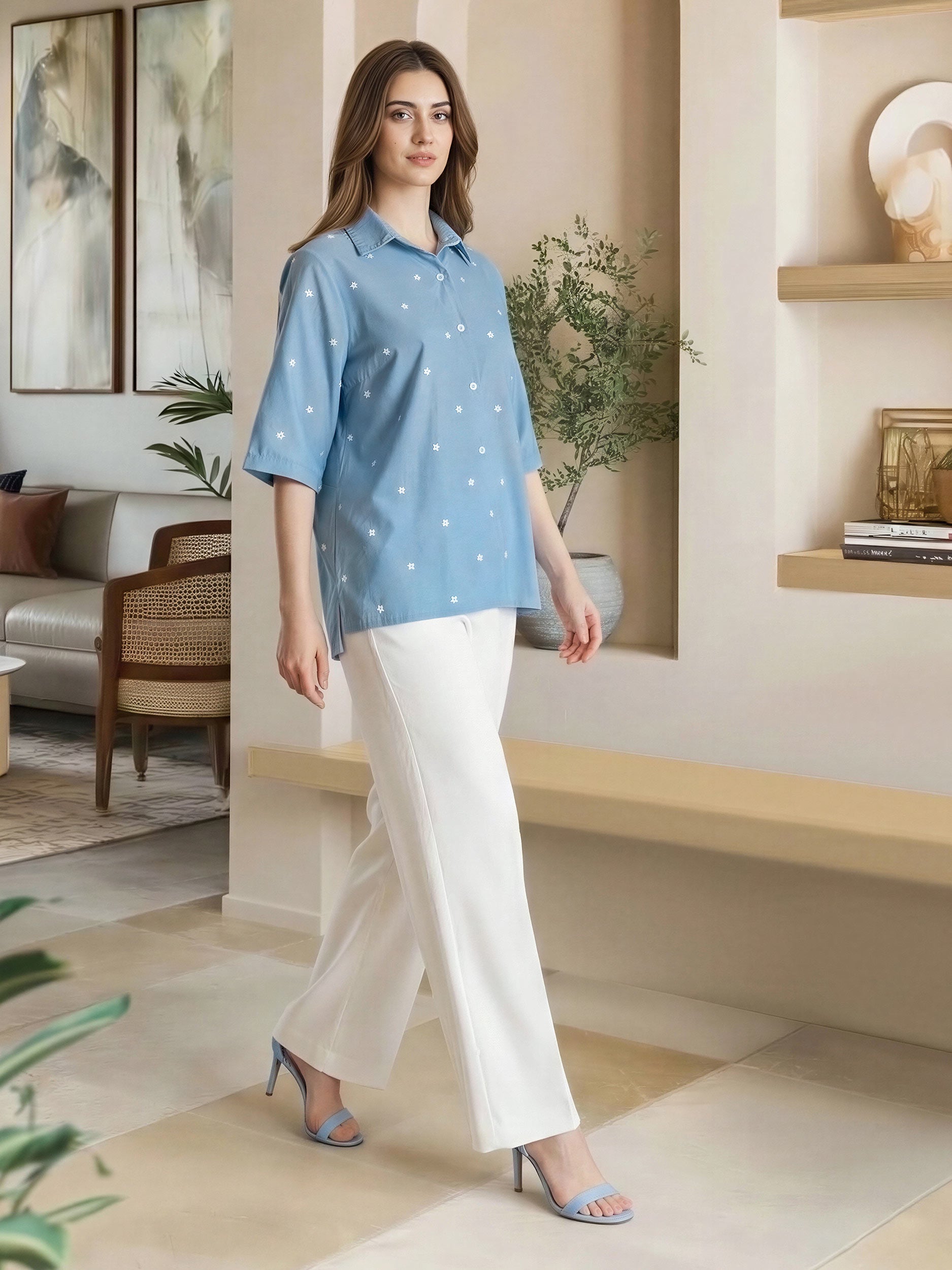 Denim Top- Embroidered