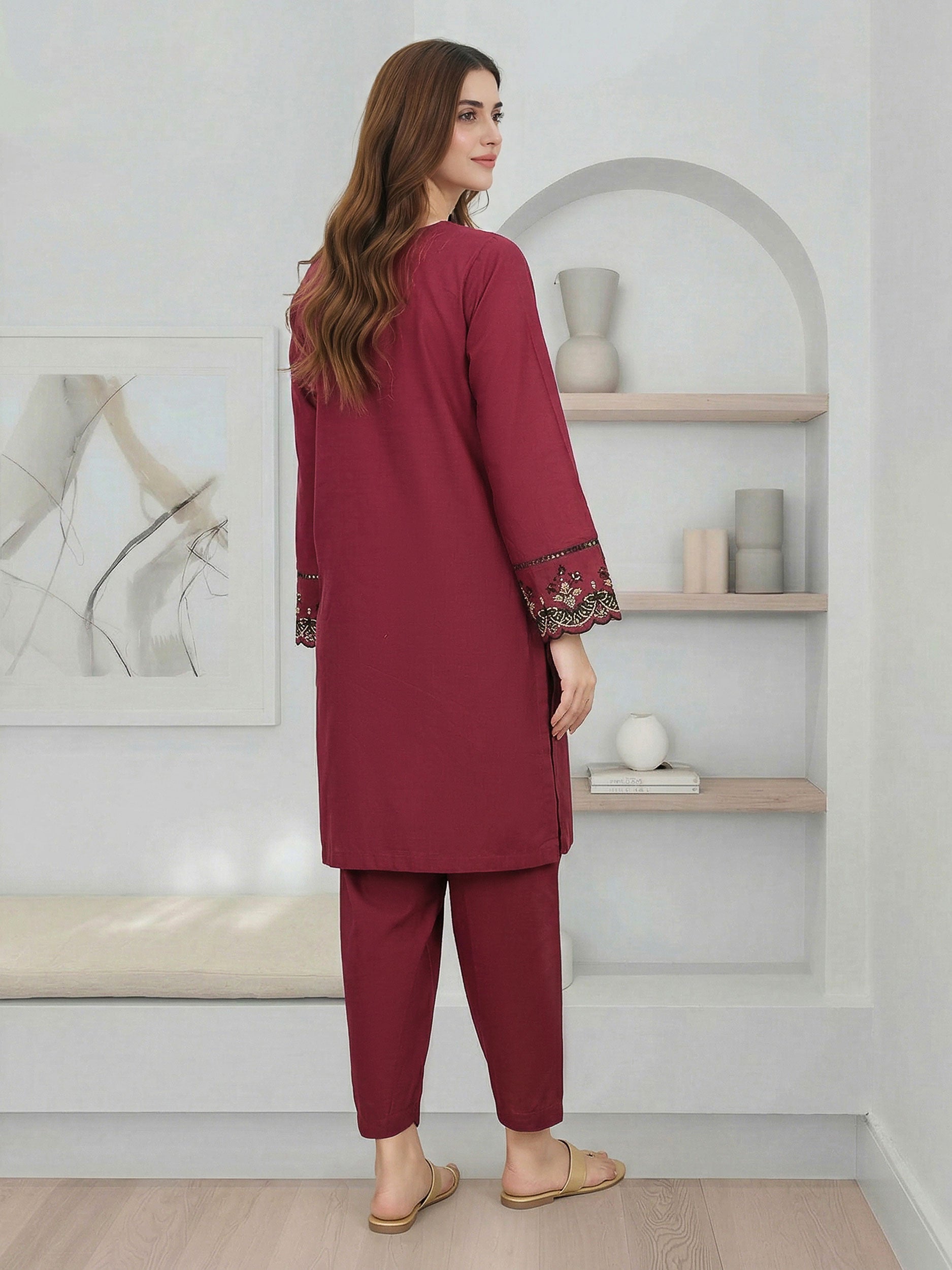 2 Piece Satin Suit- Embroidered (Pret)