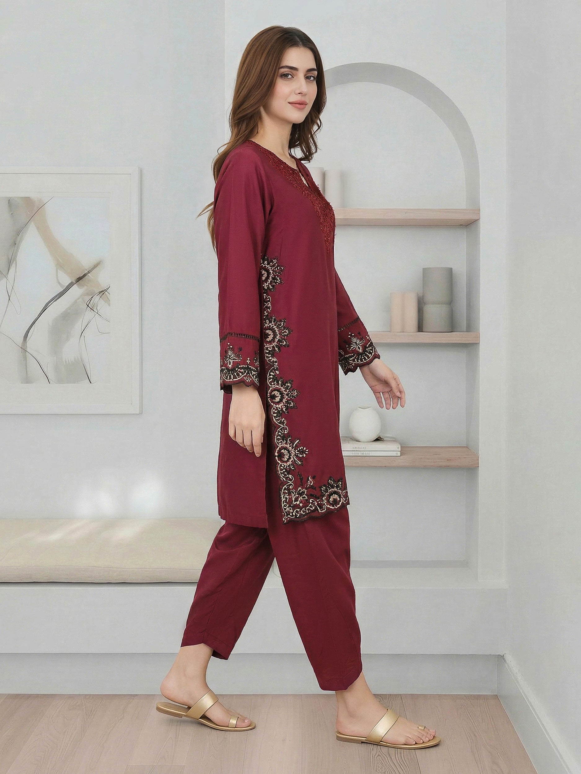 2 Piece Satin Suit- Embroidered (Pret)