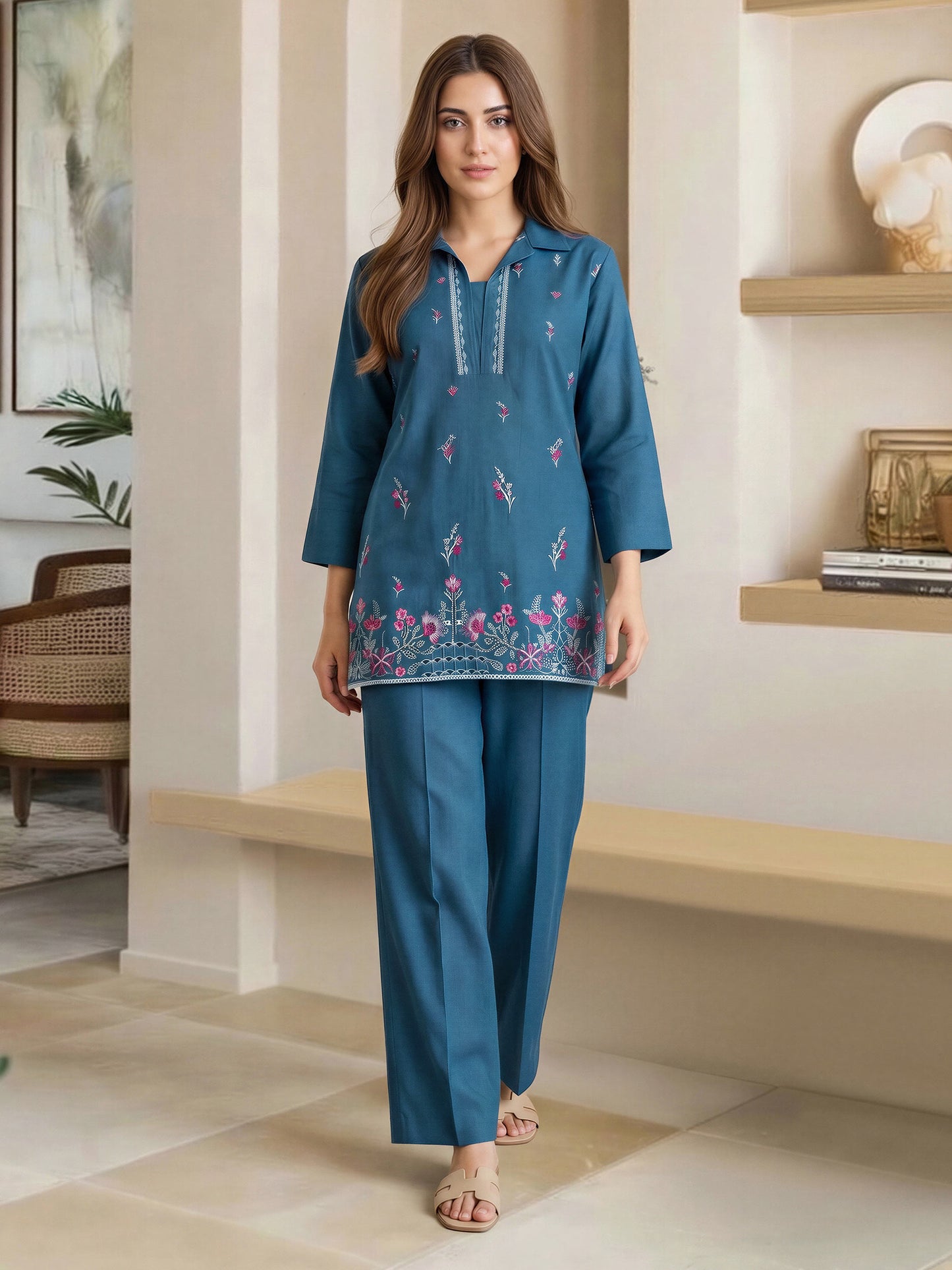 Yarn Dyed Co-ord Set- Embroidered